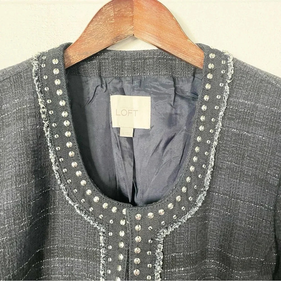 EUC Ann Taylor LOFT 3/4 Sleeve Tweed Studded Cropped Blazer Dark Blue Size 8 - Picture 6 of 12